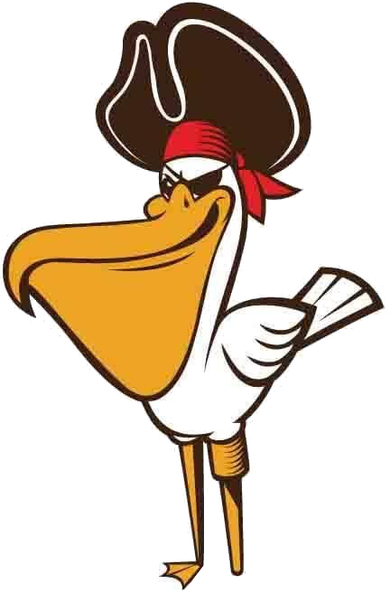 A cartoon pelican wearing a pirate hat and red bandana, with a confident stance and a big beak, exudes a playful pirate persona.
