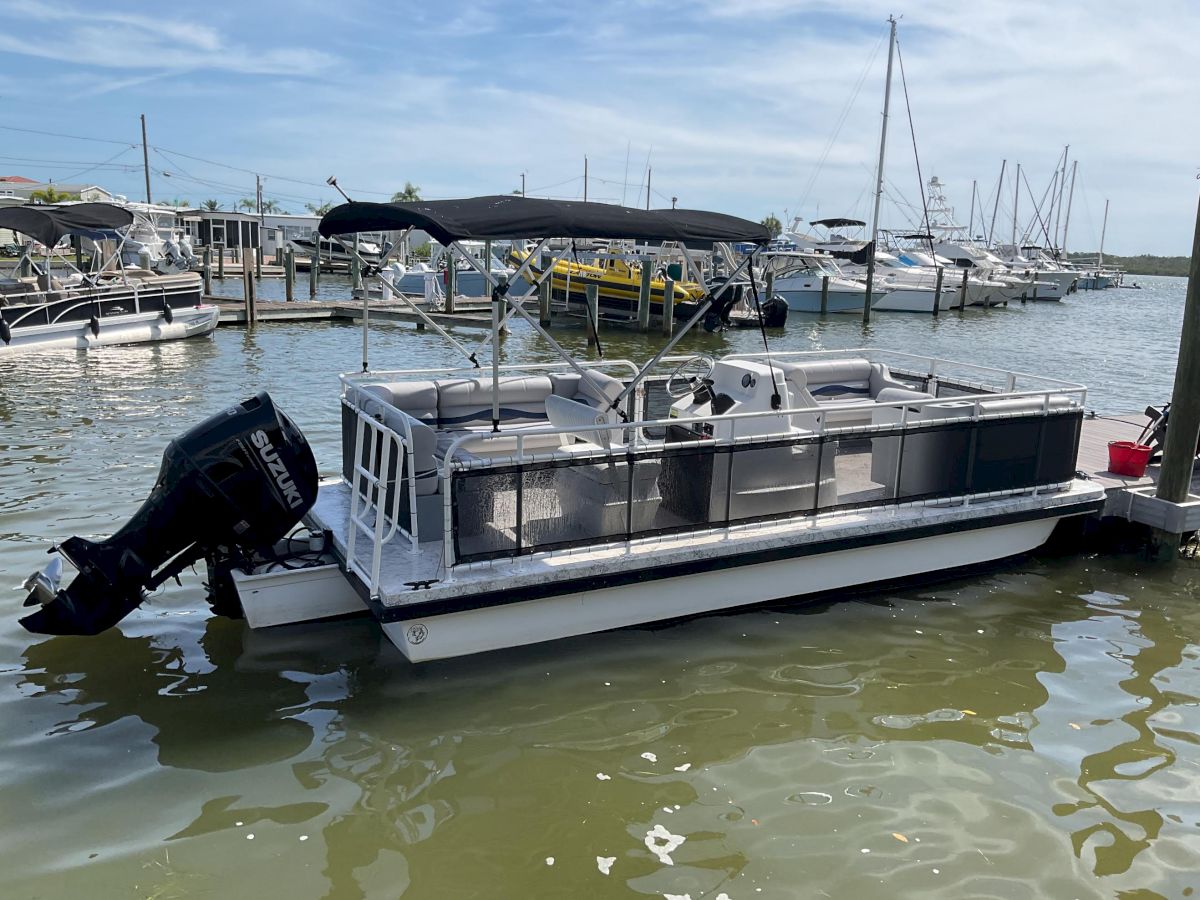 A white pontoon boat with black canopy is docked at a marina, with many other boats lined up along the pier.