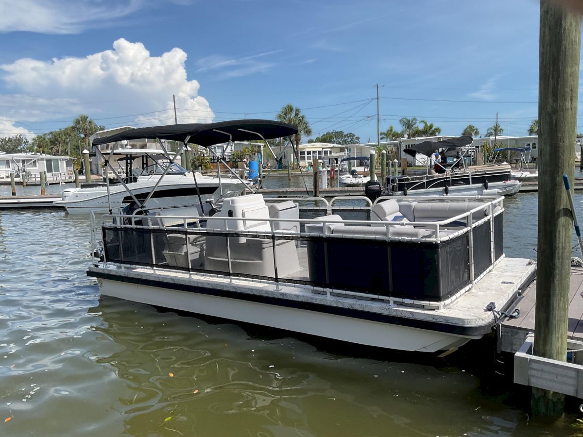 A white pontoon boat with a black canopy is docked at a marina, with calm water, palm trees, and boats in the background.