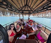 A group of friends on a boat party, cheering and toasting drinks under a tiki-style canopy by the sunny waterfront.